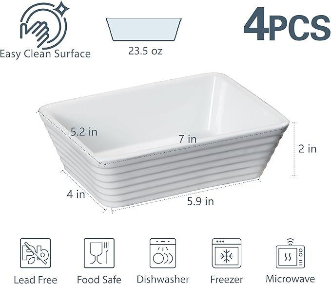 ONEMORE Small Baking Dish, Rectangle Ceramic Baking Dish for Oven, Individual Casserole Dishes for Toaster Oven, 5x7 Small Deep Lasagna Baking Dish, Oven Safe, 1-2 Person Baking Dishes Set of 4, White