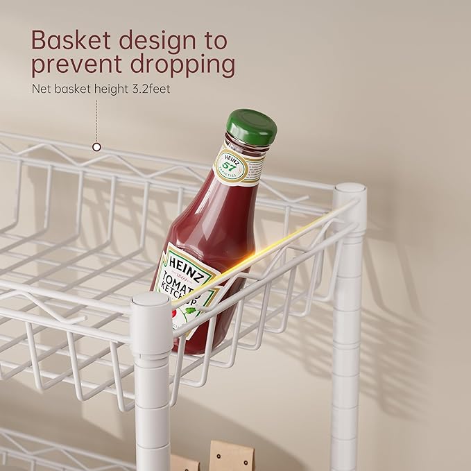 SINGAYE 4 Tier Basket Shelf Wire Shelving Unit Adjustable Storage Shelves Big Basket Rack for Garage Kitchen Office Pantry Corner 17" Dx12 Wx50 H White