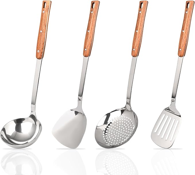 FJNATINH 4Pcs Kitchen Utensils Set, Heat Resistant Wok Spatulas, Stainless Steel Ladle, Skimmer Spoon, Slotted Turners, Metal Wok Utensil Tools for Serving, Cooking, Stirring, Soup, Turning