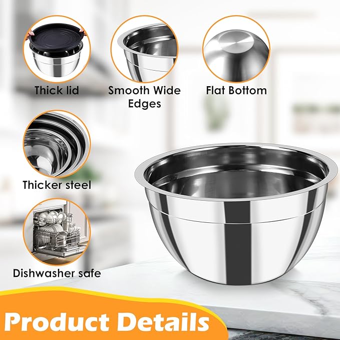 Mixing Bowls with Lids Set of 3,Stainless Steel Mixing Bowls with 3 Grater Attachments,Metal Nesting Salad Bowl for Cooking,Prepping, Serving Food,Stackable Design,Size 4.5/2.5/1.5 QT (Black)