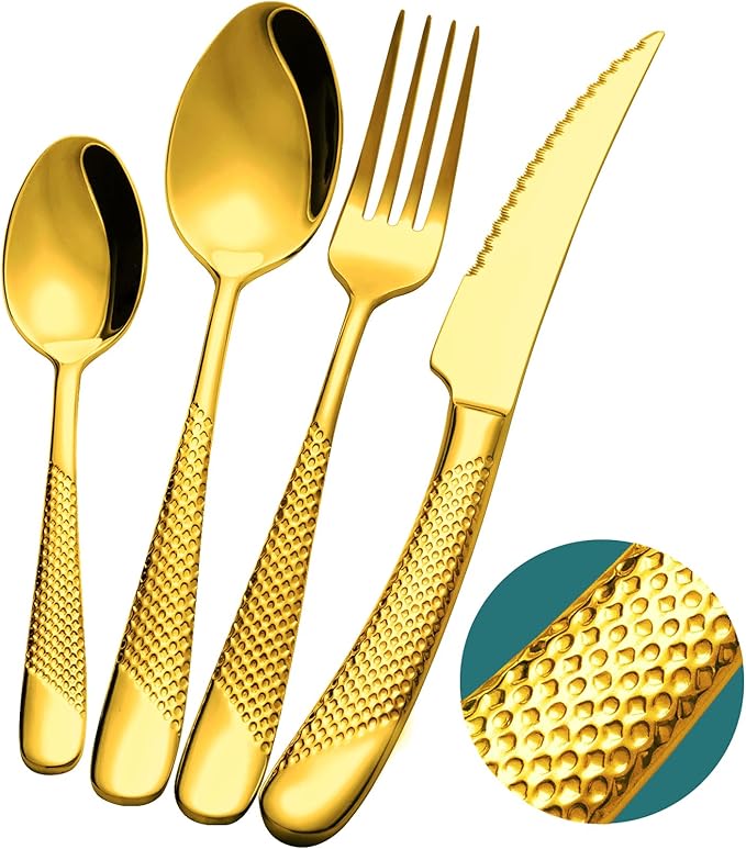 16-Piece Luxury Gold Hammered Silverware Set with Ultra Sharp 2-IN-1 Serrated Knife, 18/10 Stainless Steel Flatware Set, Tableware Cutlery Set for 4, Forks Spoons Knives Set