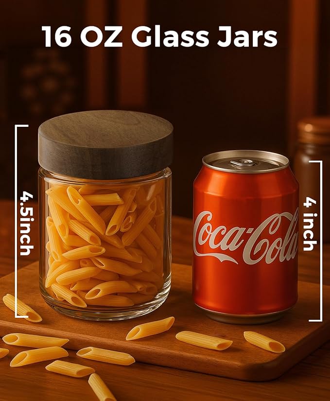 16oz 4 Pack Overnight Oats Containers with Lids, Glass Mason Jars with Acacia Wood Airtight Lids, Wide Mouth Meal Prep Storage Jars for Yogurt, Chia Pudding, Salad, Parfait, Snacks, Spice