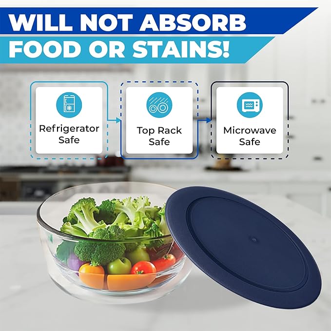 Replacement Lids for Pyrex Containers Round Glass Food Plastic - (2) 2-Cup Light Blue, (2) 4-Cup Blue, (2) 7-Cup Navy - BPA-Free, Dishwasher & Microwave Safe