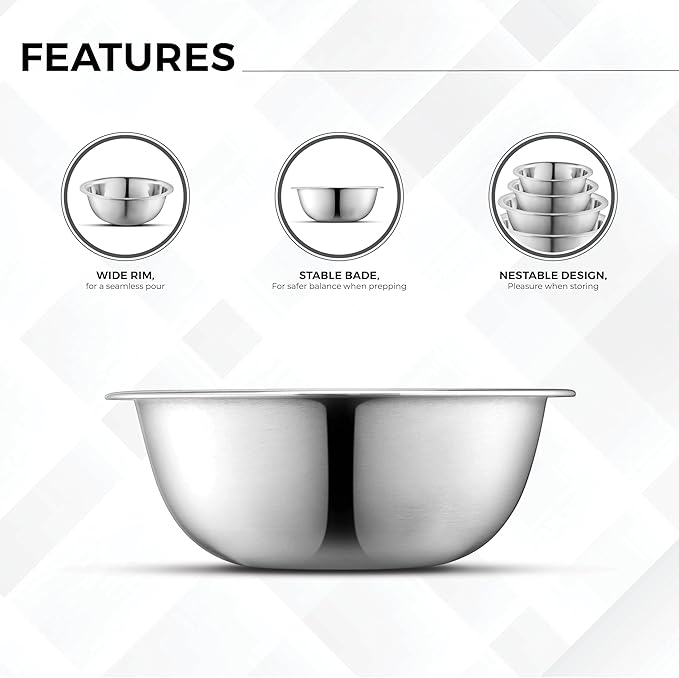 AVADOR Premium Stainless Steel Mixing Bowls, Set of 5 Brushed Stainless Steel Mixing Bowl Set, Easy To Clean, Space Saving, Great for Cooking, Baking, Prepping (5 Pc Mixing Bowl)
