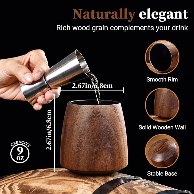 Acacia Wood Whiskey Glass – Premium Handcrafted Bourbon Tumbler with Charred Interior | Old Fashioned Whiskey Glass for Whiskey Lovers | Luxury Christmas & Birthday Gift for Men, Dad, Husband