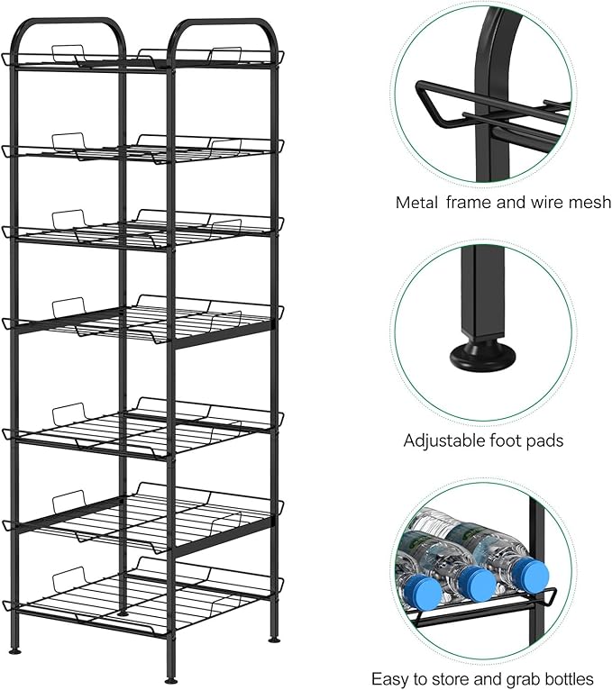 Water Bottle Organizer 7 Tier Freestanding Water Bottle Storage Organizer Metal Bottle Rack Holder Stand Shelf for Kitchen Pantry Food Storage (Black)