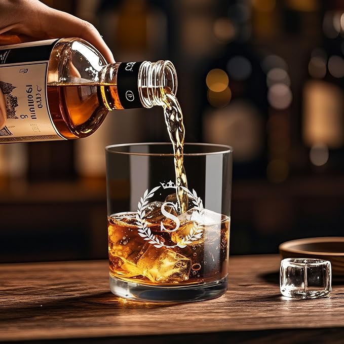 Personalized Whiskey Glasses Gifts for Men, Monogrammed Engraved A-Z 10.6 oz Rocks Glass Customized Gift, Unique Christmas Birthday Gifts for Men Him Dad Husband Brother Son (S)