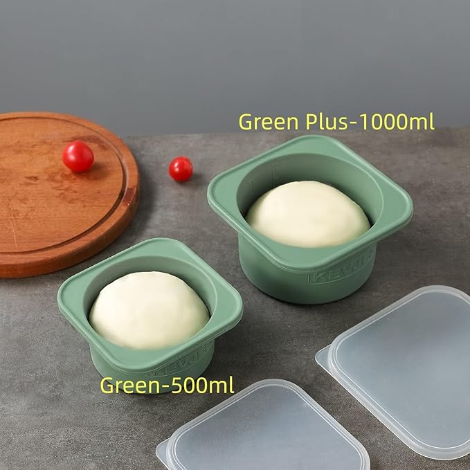 PLUS-1000ml Pizza Dough Proofing Box for DIY Artisan Pizza, Food Grade Silicone Stackable Containers with Lids. Freezer, Fridge, Dishwasher Safe (2Green Plus+2Space Grey Plus)