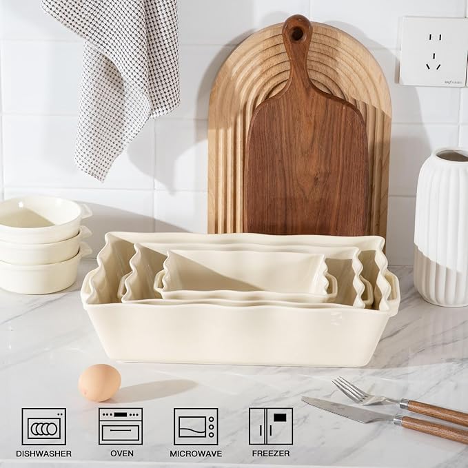 Sweejar Casserole Dishes for Oven, Ceramic Bakeware Set of 3, Rectangular Baking dish with Handles, Wave Edge Lasagna Pan Deep for Cooking, Cake, Dinner, Banquet and Daily Use (Beige)