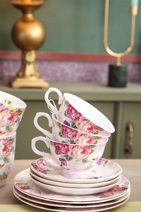 London Boutique Coffee Tea Cup and Saucer Set 4 Shabby Chic Vintage Porcelain Bird Butterfly Flora Gift Box 7.5OZ (Bird Rose Butterfly)
