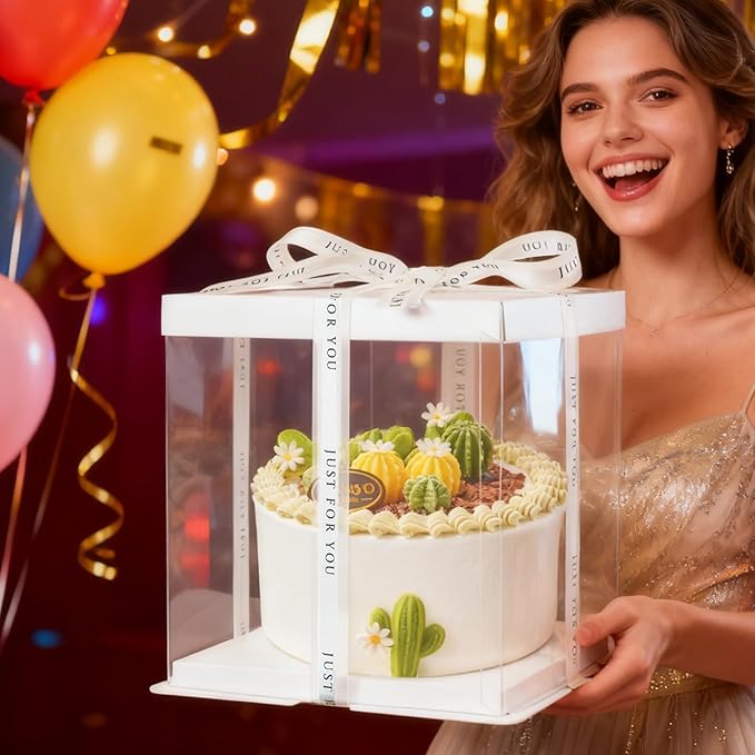 8 Packs Tall Cake Boxes with Ribbon ,10x10x9 inches Bakery Boxes ,White Multi-Layer Cake Containers for Birthday,Wedding,Halloween(White, 10*10*9inch/8pcs)