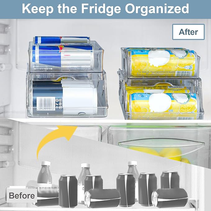 2 PCS Soda Can Organizer for Refrigerator & Pantry, Double Space Saving Auto-Rolling Stacking Can Dispenser, Fits Skinny/Standard/Tall Cans, Clear Fridge Can Holder Storage for Kitchen, Office