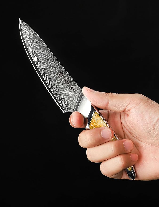 5 inch Utility Knife, Japanese VG-10 Damascus Steel Kitchen Knife, Ultra Sharp Fruit Knife with Full-tang Handle in Yellow Resin, LA-S9 Series