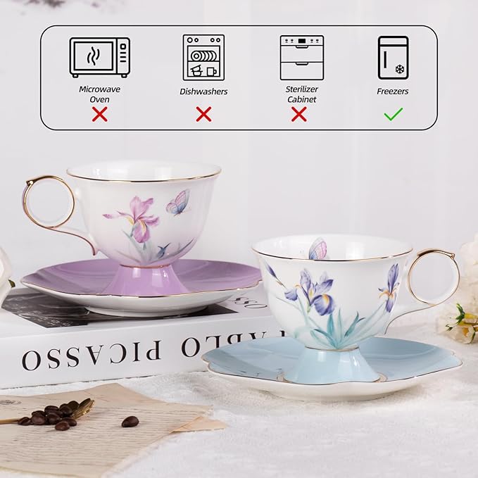 KAMMAK Ceramic Tea Cup and Saucer Set with Gold Trim, Purple & Blue Saucers, Iris Flower & Butterfly Pattern, 250ml Elegant Bone China Coffee Cup for Afternoon Tea, Gift for Women