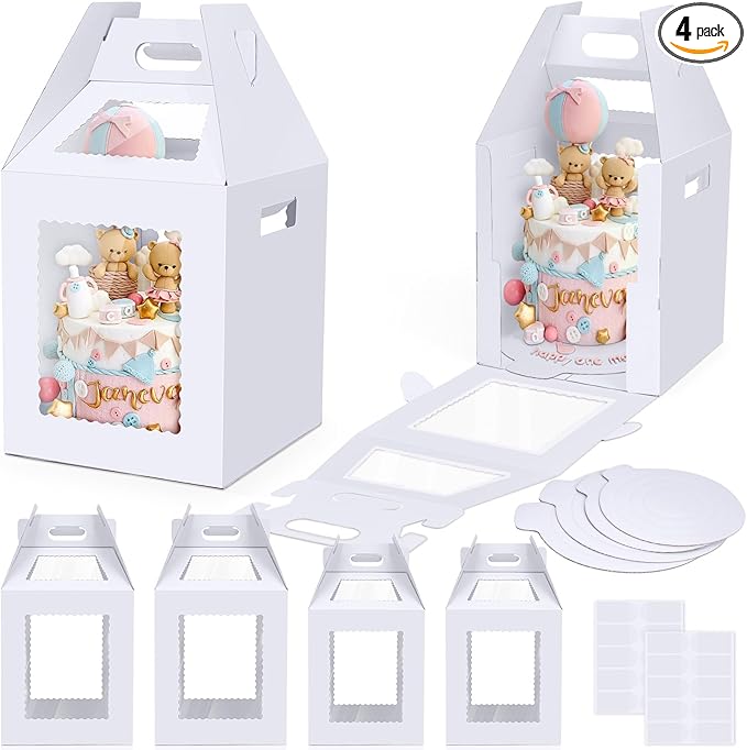 Tall Cake Boxes for Tier Cakes with Cake Boards 4 Pack 10 & 12 Inch Disposable Large Tiered Cake Carrier Take Out Containers with Window for Wedding Birthday Bakery Cake Safe Transport Box