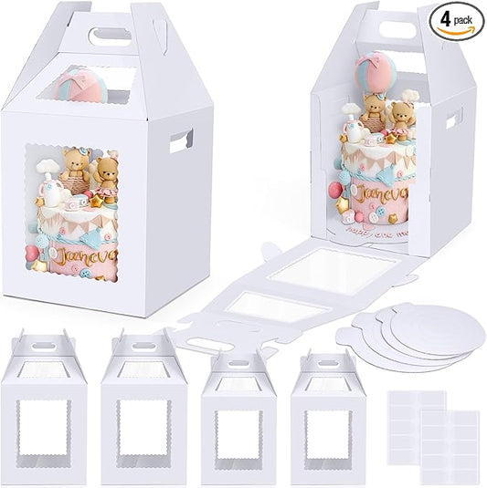 Tall Cake Boxes for Tier Cakes with Cake Boards 4 Pack 10 & 12 Inch Disposable Large Tiered Cake Carrier Take Out Containers with Window for Wedding Birthday Bakery Cake Safe Transport Box