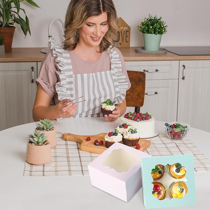 20 PCS 6.5 x 6.5 x 4 inch Paper, Cupcake Boxes with Inserts and Window Hold 4 Cupcakes, Bakery Boxes For Cupcakes Carrier, Cupcake Containers (White-4 Holes)