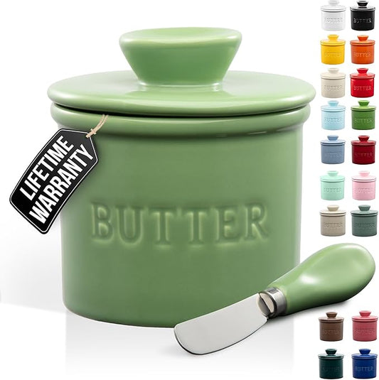 Zulay Kitchen Porcelain Butter Crock With Lid & Knife - Authentic French Butter Dish For Fresh & Spreadable Butter - Olive Green