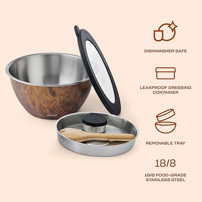 S'well Stainless Steel Salad Bowl Kit XL 184oz, Teakwood, Includes 5oz Canister For Dressing, Serving Utensils, and Removable Tray, Leakproof, Easy to Clean, Dishwasher and Refrigerator Safe