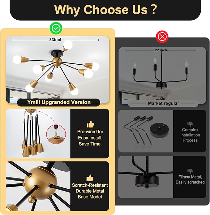 Modern Sputnik Ceiling Light Fixture,8-Lights Black and Gold Sputnik Chandeliers, Industrial Metal Semi Flush Mount Ceiling Light Fixture for Bedroom Hallway Entryway Kitchen