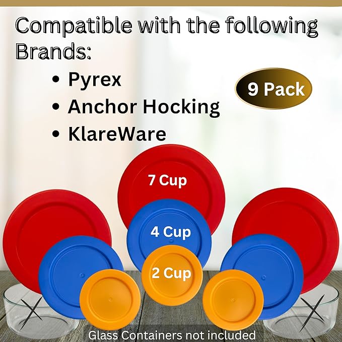 2, 4 & 7 Cup Orange, Blue, Red Replacement Lids/Covers for Pyrex, Anchor Hocking & KlareWare Storage Bowls *Lids Only Glass Container Not Included* (9 Pack *Three of Each Size*)
