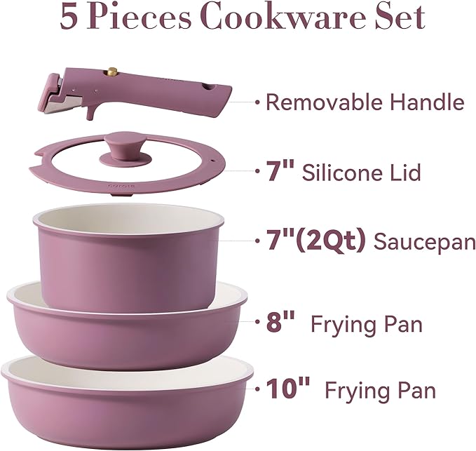 CAROTE 5pcs Pots and Pans Set Non stick,Cookware Set Detachable Handle,kitchen essentials,RV kitchen pot and pan,Induction Cookware,Oven Safe,PFOA PFOS FREE,Purple