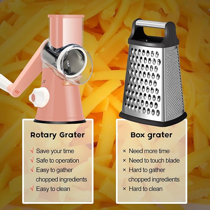 Ourokhome Rotary Cheese Grater Hand Crank, Kitchen Shredder Speed Mandolin Slicer Nuts Grinder with Handle and Drum Blades for Cheese, Vegetable, Walnuts, Chocolate, Potato, Carrot, 3 Blades, Pink