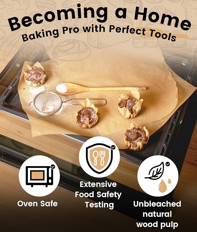 400PCS Unbleached Parchment Paper Sheets for Baking 12x16 Inches, Non-Stick and Non-Toxic Pre-cut Parchment Sheets for Oven, Cooking, Grilling, Air Fryer and Steaming - Fit for Half Sheet Pans, Brown