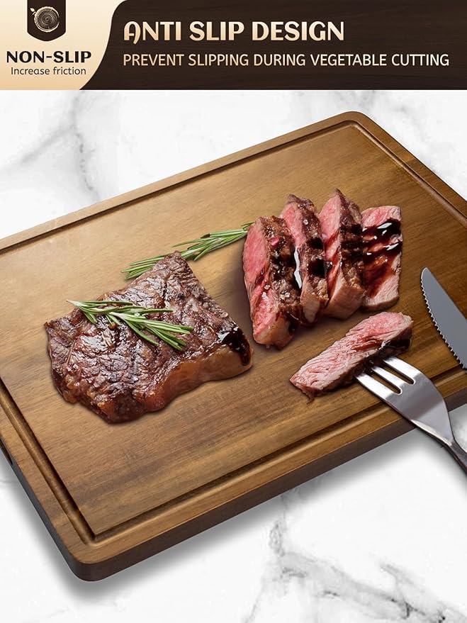 Large Acacia Wood Cutting Board for Kitchen, 17x12 Inch Reversible Wooden Chopping Board Charcuterie Board with Juice Grooves and Handle for Meat, Cheese, Vegetables, Fruits, Bread