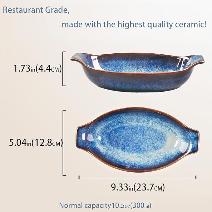 Ceramics Au Gratin baking Dishes Set of 2, Baking Tray Bake ware, 10.5 oz Ramekins, for Pie Pan, Appetizer, Tart, Dessert, Quiche, Oven Small dish, individual dishes Oval 9.3 Inch
