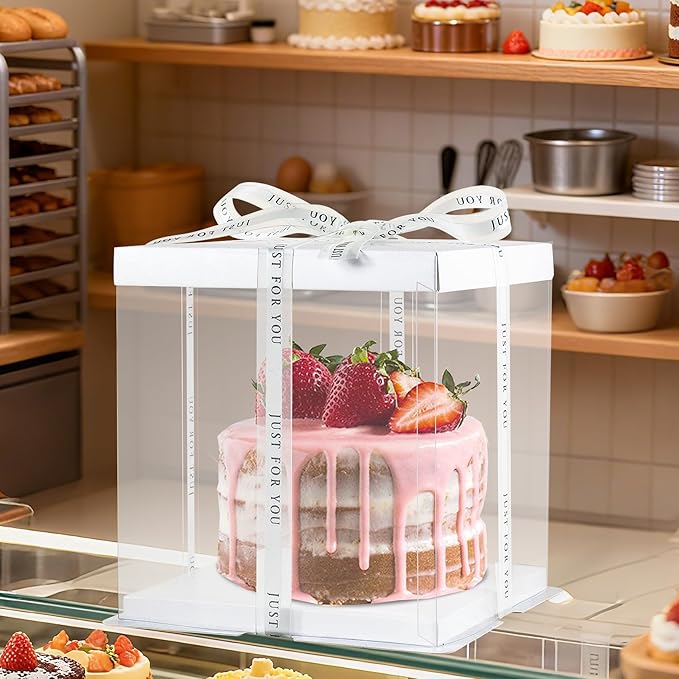 8 Packs Tall Cake Boxes with Ribbon,8x8x9 inches Bakery Boxes,White Multi-Layer Cake Containers for Birthday,Wedding, Halloween. (White, 8 * 8 * 9 inch/8pcs)