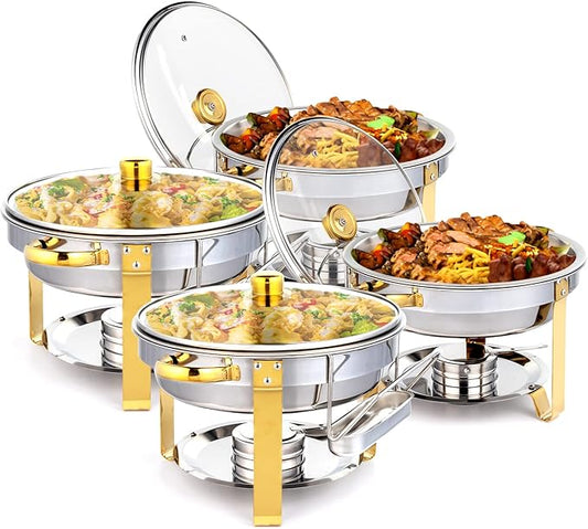 ROVSUN 5QT 4 Packs Chafing Dish Buffet Set Gold Accent, NSF Round Stainless Steel Buffet Warmer Chafers and Warmers Sets with Glass Lid & Lid Holder for Catering Events Parties Weddings Dinners