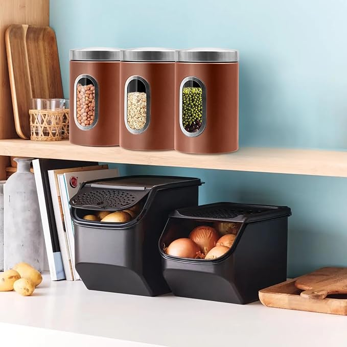 Canisters Sets for the Kitchen, 3pcs Sugar Flour Tea Coffee Storage Jars Stainless Steel Food Container Organizer for Kitchen Counter with Transparent Window (bronzy)