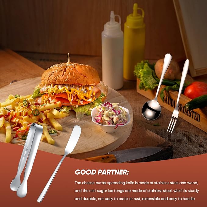 Patelai Cheese Butter Spreader Knives Set Charcuterie Accessories Stainless Steel Spreader Knives Charcuterie Boards Utensils Mini Serving Tongs Spoons and Forks for Appetizers Pastry(Silver)