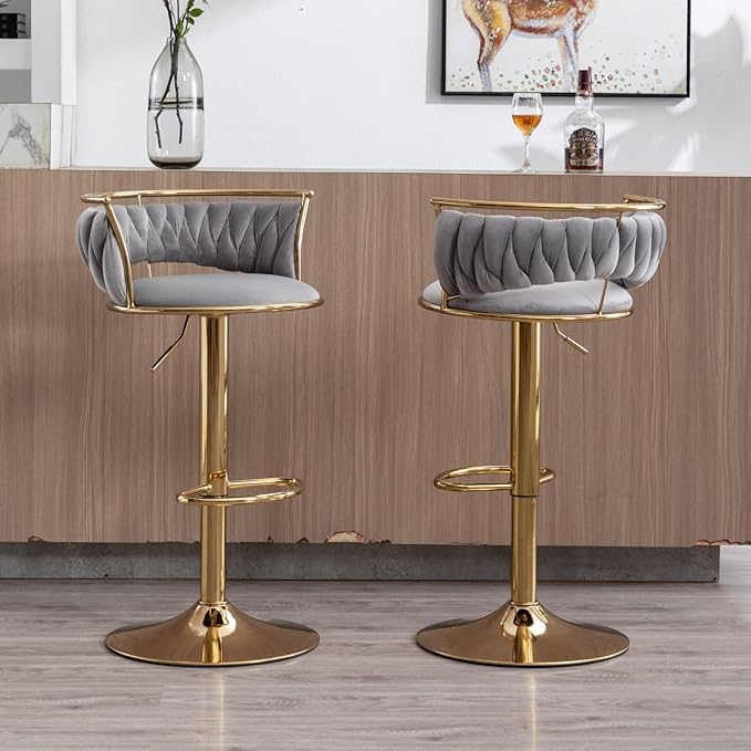LukeAlon Modern Velvet Adjustable Barstools Set of 2, 360° Swivel Counter Stools with Golden Base Upholstered Open Back Tall Bar Chairs with Footrest for Home Pub Kitchen, Grey