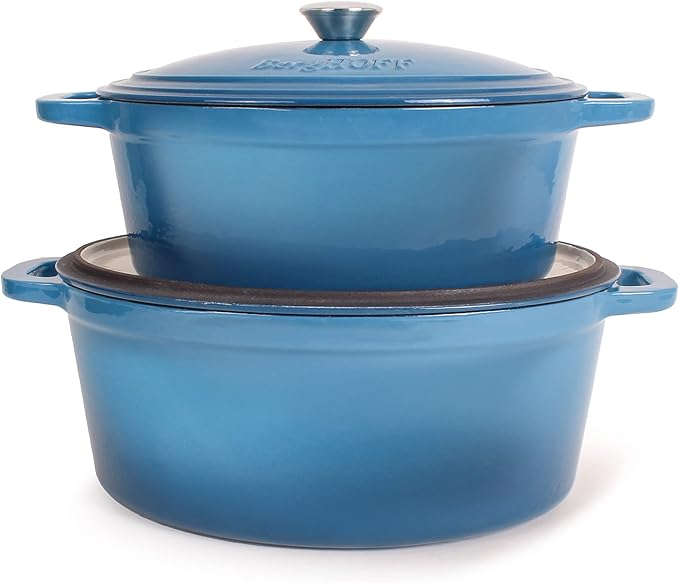 BergHOFF 6Pc Neo Enameled Cast Iron Dutch Oven Set, Matching Lid,Fast, Evenly Heat, Oven Safe, Blue