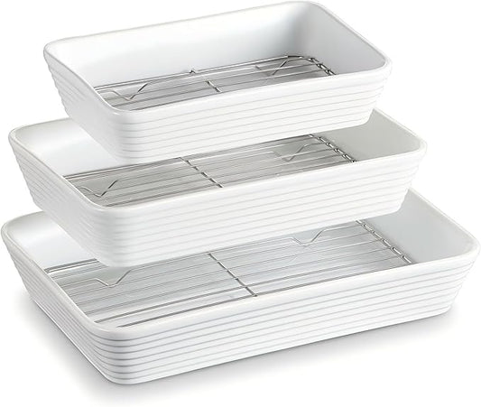 ONEMORE Casserole Dishes for Oven, Ceramic Baking Dish Set of 3 with Roasting Racks Rectangular Large Deep Lasagna Pan without Handles Porcelain Baking Pan with Rack for Oven Cooking (3QT/2.1QT/1.3QT)