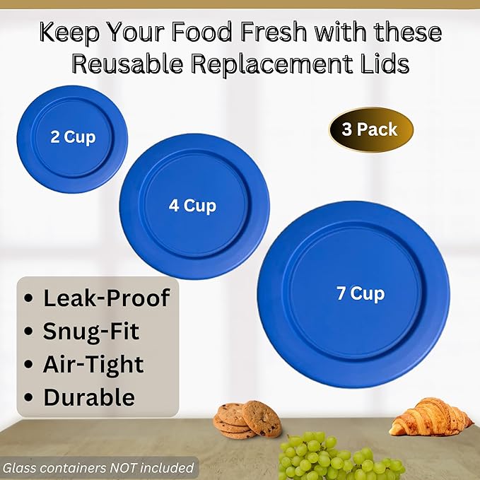 2, 4 & 7 Cup Blue Replacement Lids/Covers for Pyrex, Anchor Hocking & KlareWare Storage Bowls *Lids Only Glass Container Not Included* (3 Pack *One of Each Size*)