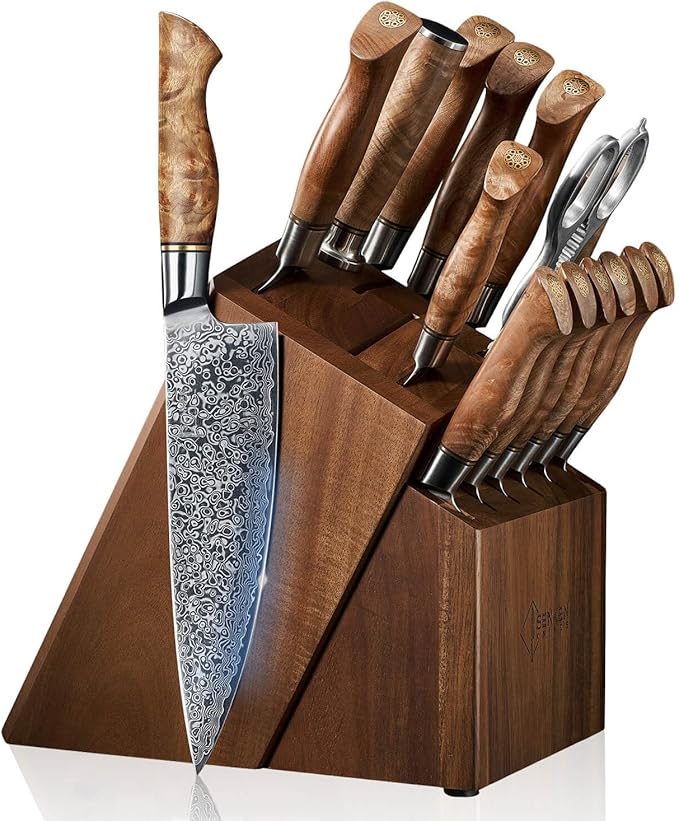 SENKEN 16-Piece Damascus Knife block Set - The Dynasty Collection - Japanese VG10 Damascus Steel with Natural Sycamore Wood Handles, Steak Knives, Scissors, & Sharpening Rod (16-Piece Knife Block Set)