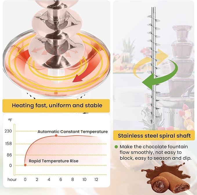 Commercial Chocolate Fountain 6 Layers 19Lbs Large Chocolate Fondue Tower Stainless Steel Hot Chocolate Waterfall for Nacho Cheese Knob Control