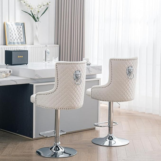 Velvet Lion Bar Stools Set of 6, Modern Height Adjustable Swivel Barstools with Chrome Base, Tufted Counter Height Bar Stools Upholstered Bar Chairs for Kitchen Island, Dining Room, Beige