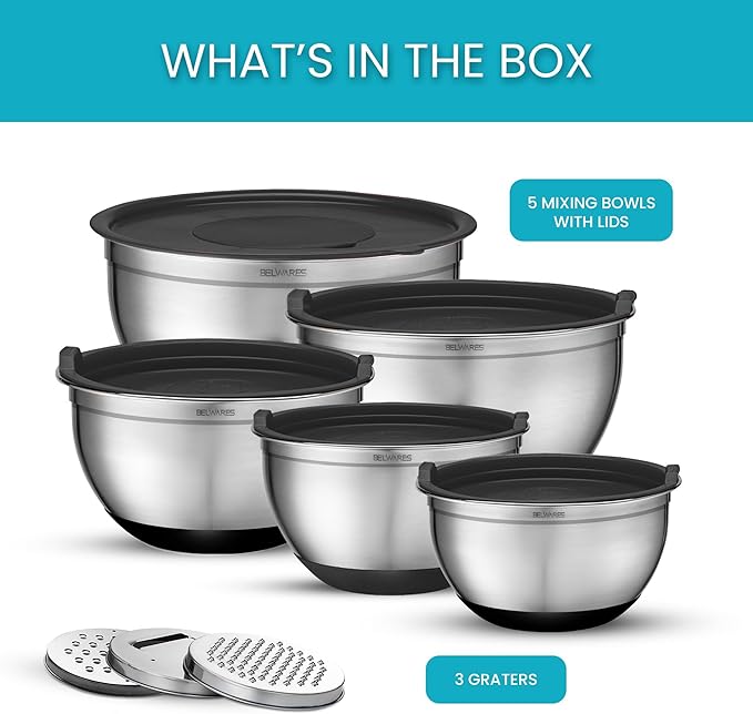 Mixing Bowls with Airtight Lids - 8PCS Stainless Steel Nesting Mixing Bowls Set with 3 Grater Attachments & Non-Slip Bottoms, Black Kitchen Bowls, Sizes 5, 4, 3.5, 2, 1.5QT for Baking & Kitchen Gift