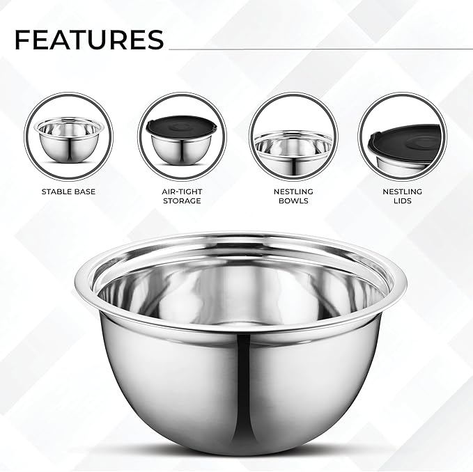 AVADOR Premium Brushed Stainless Steel Mixing Bowls Sets, Easy To Clean, Space Saving, Great for Cooking, Baking, Prepping Needs 0.25qt, 1qt, 1.5qt, 3qt, 5qt (8 pc with Lid and Grater)