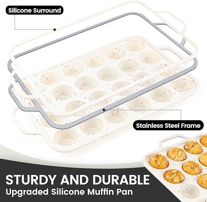 Vinino Mini Muffin Pan with Metal Reinforced Frame-1Pack, Silicone Cupcake Pan for Baking 24 Cup Mini Size, BPA Free Silicone Muffin Tray, Cupcake Baking Pan Molds for Oven Dishwasher Safe-Cream