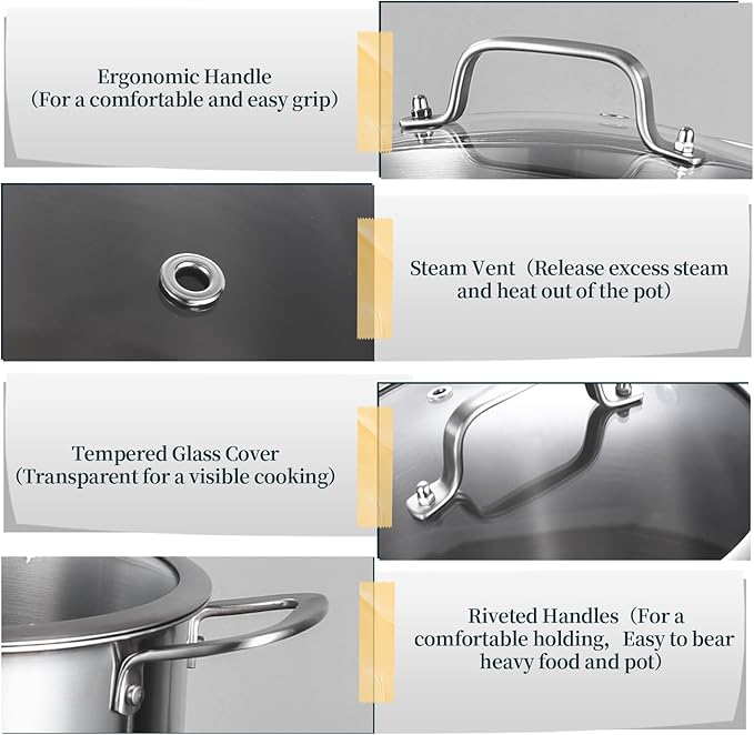 8-QT Stock Pot with Lid, Tri-Ply Stainless Steel for High Heat, Crock for Simmering, Clear Glass Lid, Double Handles, Dishwasher Safe