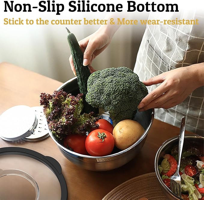 Mixing Bowls with Lids Set - Non-Slip, Airtight Warp-Proof TPR-AS Lids, Thicker Stainless Steel Bowls, Measurement Lines & 3 Graters, Prep Meal Bowl, Black Nesting Bowl for Kitchen, 5/3/2/1.5/0.63QT