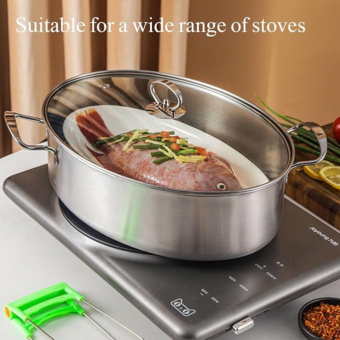 Stainless Steel Fish Steamer Set,Multi-Use Oval Steamer Pot with Glass Lid Rack, Ceramic Plate, Chuck, Steaming Pot for Fish, Oyster,Boiling Soup 15 x 9.8 inches