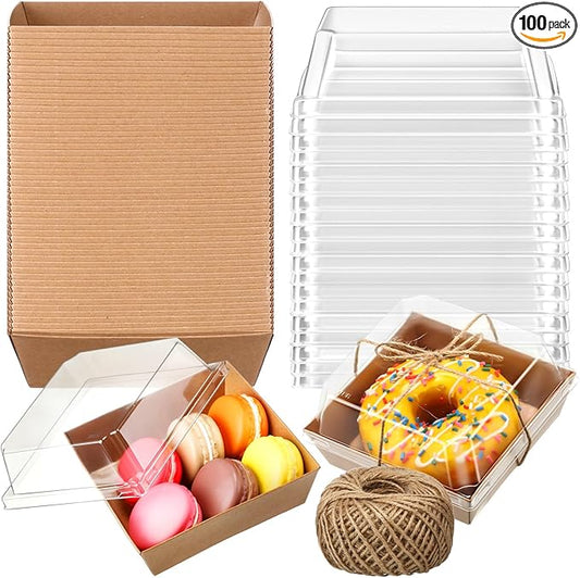 Ctosree 100 Pcs Paper Charcuterie Boxes with Clear Lids 4.5 Inches Disposable Cake Square Dessert Container Bakery Boxes Bundle with Rope for Food Cake Slice Cookie Sandwich Dessert(Brown)