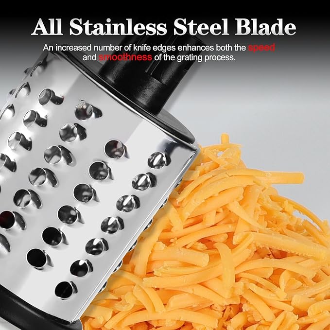 Ourokhome Rotary Cheese Grater Hand Crank, Kitchen Shredder Speed Mandolin Slicer Nuts Grinder with Handle and Drum Blades for Cheese, Vegetable, Walnuts, Chocolate, Potato, 3 Blades, White Black
