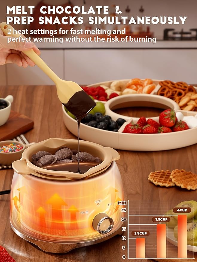 Chocolate Fondue Pot Set Electric Melting Machine, 4-Cup Capacity 4 Trays 5 Forks 1 Spatula Cheese Warmer, Ideal Gift for Couple Family & Date Night Idea House Warming Holidays Essentials